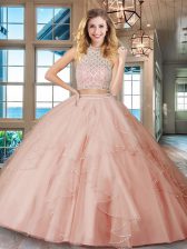 Sweet Pink Two Pieces Tulle Halter Top Sleeveless Beading and Ruffles Floor Length Backless Ball Gown Prom Dress