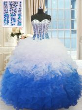 Stylish Blue And White Sweetheart Neckline Beading and Ruffles Sweet 16 Dress Sleeveless Lace Up