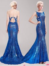 Top Selling Mermaid Square Sequins Blue Sleeveless Sequined Brush Train Clasp Handle Prom Gown for Prom