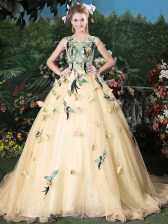  Scoop Champagne Sleeveless Organza Brush Train Lace Up Quinceanera Gowns for Military Ball and Sweet 16 and Quinceanera