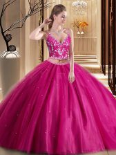 Adorable Hot Pink Lace Up Spaghetti Straps Beading and Appliques 15 Quinceanera Dress Tulle Sleeveless