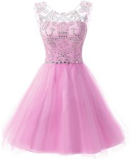  Lilac A-line Chiffon Scoop Sleeveless Beading Knee Length Zipper Prom Evening Gown