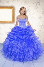  Blue Lace Up Kids Pageant Dress Beading and Ruffles and Pick Ups Sleeveless Floor Length