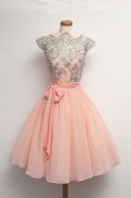  Scalloped Peach A-line Appliques Zipper Chiffon Cap Sleeves Knee Length