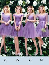Flirting A-line Dama Dress Lavender One Shoulder Tulle Sleeveless Mini Length Lace Up