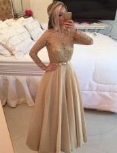  Long Sleeves Floor Length Beading and Lace Zipper Prom Party Dress with Champagne