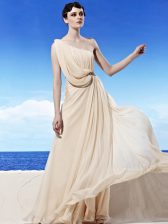 Smart One Shoulder Chiffon Sleeveless Floor Length Dress for Prom and Beading and Ruching