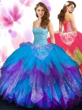 Nice Sleeveless Tulle Floor Length Lace Up Quinceanera Gowns in Multi-color with Beading and Ruffled Layers