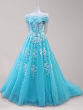 Free and Easy Aqua Blue A-line Tulle Off The Shoulder Cap Sleeves Beading and Appliques Lace Up Homecoming Dress