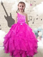  One Shoulder Floor Length Lace Up Little Girl Pageant Gowns Hot Pink for Party and Wedding Party with Beading and Ruffles