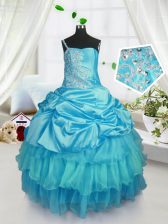 Gorgeous Pick Ups Strapless Sleeveless Lace Up Kids Pageant Dress Aqua Blue Organza