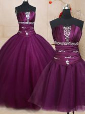 Classical Three Piece Floor Length Ball Gowns Sleeveless Dark Purple Quinceanera Dress Lace Up