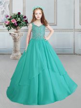 Luxurious Straps Turquoise Sleeveless Beading Floor Length Kids Pageant Dress