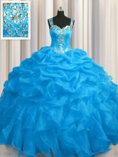 Fancy See Through Zipper Up Blue Organza Zipper Straps Sleeveless Floor Length Vestidos de Quinceanera Appliques and Ruffles