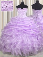  Lavender Sleeveless With Train Beading and Ruffles and Pick Ups Lace Up Sweet 16 Dress