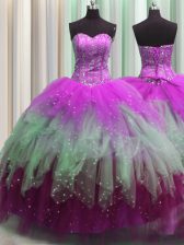  Visible Boning Beading and Ruffles and Sequins Ball Gown Prom Dress Multi-color Lace Up Sleeveless Floor Length