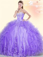  Sleeveless Tulle Floor Length Lace Up Vestidos de Quinceanera in Lavender with Beading and Appliques and Ruffles