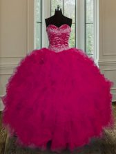Exquisite Fuchsia Ball Gowns Sweetheart Sleeveless Tulle Floor Length Lace Up Beading and Ruffles 15th Birthday Dress