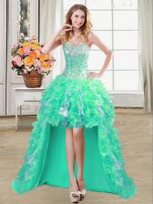 Popular Sequins A-line Prom Party Dress Turquoise Sweetheart Organza Sleeveless High Low Lace Up