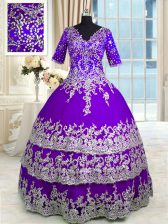 Pretty Ruffled Floor Length Purple Quinceanera Gowns V-neck Half Sleeves Zipper