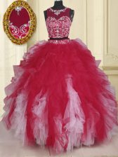  Scoop Beading and Ruffles Quince Ball Gowns White And Red Zipper Sleeveless Floor Length