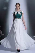 Beauteous Scoop White Zipper Evening Dress Appliques Cap Sleeves Floor Length