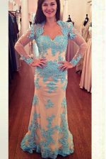 Noble White and Blue Long Sleeves Chiffon Brush Train Zipper Prom Party Dress for Prom and Party