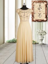 Super Champagne Empire Scoop Cap Sleeves Chiffon Floor Length Zipper Beading Prom Dress