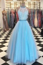 Pretty Halter Top Sleeveless Zipper Prom Party Dress Blue Tulle