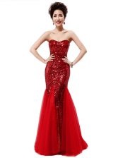 Deluxe Mermaid Wine Red Prom Dress Sequined Sleeveless Sequins