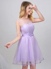  Scoop Sleeveless Mini Length Lace and Appliques and Belt Lace Up Vestidos de Damas with Lavender