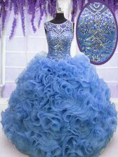 Chic Baby Blue Quinceanera Gowns Military Ball and Sweet 16 and Quinceanera with Beading and Ruffles Scoop Sleeveless Lace Up