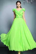 Super Short Sleeves Chiffon Floor Length Backless Prom Evening Gown in with Pattern