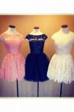 Sophisticated Baby Pink A-line Scoop Cap Sleeves Lace Knee Length Backless Embroidery 