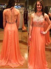  Orange Backless Scoop Beading Prom Gown Chiffon Sleeveless Brush Train