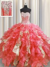 Visible Boning Organza and Sequined Sweetheart Sleeveless Lace Up Beading and Ruffles and Sequins Vestidos de Quinceanera in Watermelon Red