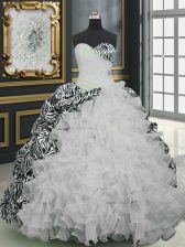  White Ball Gowns Beading and Ruffles and Pattern Ball Gown Prom Dress Lace Up Organza and Printed Sleeveless With Train