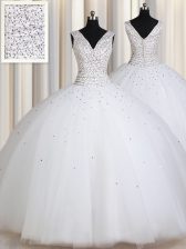 Beauteous White Zipper Straps Beading and Sequins Quinceanera Gown Tulle Sleeveless