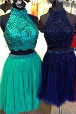  Knee Length Turquoise Prom Dress Tulle Sleeveless Beading