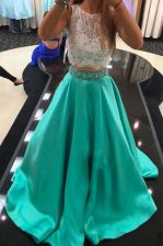  Turquoise A-line Scoop Sleeveless Satin With Train Zipper Beading and Lace Prom Party Dress