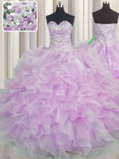  Lilac Ball Gown Prom Dress Military Ball and Sweet 16 and Quinceanera with Beading and Ruffles Sweetheart Sleeveless Lace Up