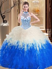 Latest Halter Top Blue And White Sleeveless Tulle Lace Up Ball Gown Prom Dress for Military Ball and Sweet 16 and Quinceanera