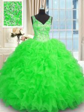 Glamorous Ball Gowns Quinceanera Dress Green V-neck Organza Sleeveless Floor Length Zipper