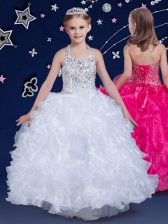 Luxurious Halter Top White Sleeveless Organza Lace Up Toddler Flower Girl Dress for Quinceanera and Wedding Party