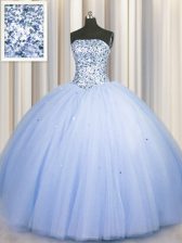 Perfect Big Puffy Beading and Sequins 15th Birthday Dress Blue Lace Up Sleeveless Floor Length