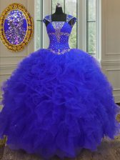  Straps Blue Cap Sleeves Beading and Ruffles and Sequins High Low Sweet 16 Dress