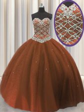 Exceptional Brown Ball Gowns Beading and Sequins Vestidos de Quinceanera Lace Up Tulle Sleeveless Floor Length