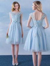 Hot Sale Knee Length Light Blue Quinceanera Court Dresses Scoop Cap Sleeves Lace Up