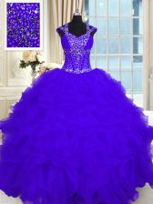 Beauteous Straps Cap Sleeves Lace Up Sweet 16 Dresses Purple Organza