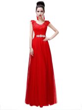 Fantastic Scoop Floor Length Coral Red Evening Dress Chiffon Cap Sleeves Beading